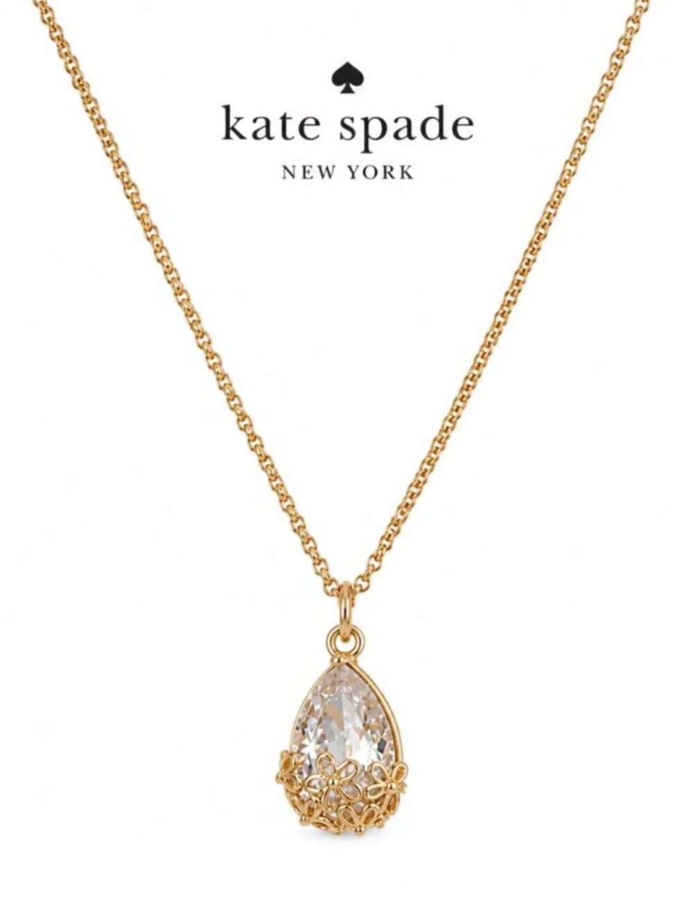 Kate Spade Crystal Teardrop Floral Pendant Necklace Gold Tone Crystal Necklace